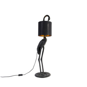 Vintage stojací lampa černá s látkovým odstínem černá – Crane bird
