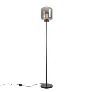 Designová stojací lampa černá s kouřovým sklem – Qara