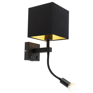 Moderní nástěnná lampa černá s USB a čtvercovým černým odstínem – Zeno