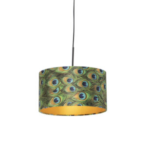 Závěsná lampa s velurovým odstínem páv se zlatem 35 cm – Combi