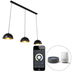 Smart hanglamp zwart met goud 3-lichts incl. Wifi A60 – Magnax