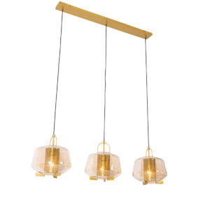 Závěsná lampa zlatá s jantarovým sklem 30 cm podlouhlá 3-světelná - Kevin