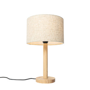 Venkovská stolní lampa dřevěná s lněným stínidlem béžová 25 cm - Mels