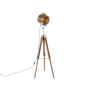 Stativová stojací lampa bronzová s dřevěným studiovým bodem – Lesklá