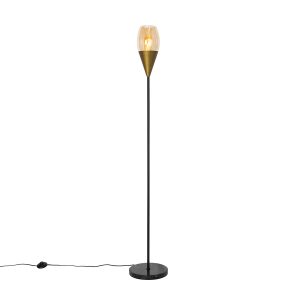 Moderní stojací lampa zlatá s jantarovým sklem – Drop